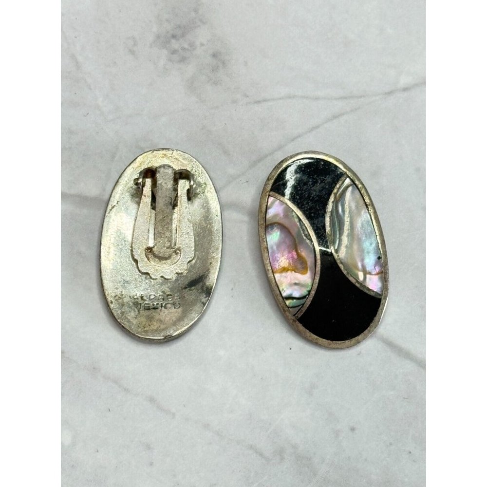 Vintage Southwestern Inlaid Abalone and Onxy Alpaca Clip On Earrings Mexico - Picture 6 of 6